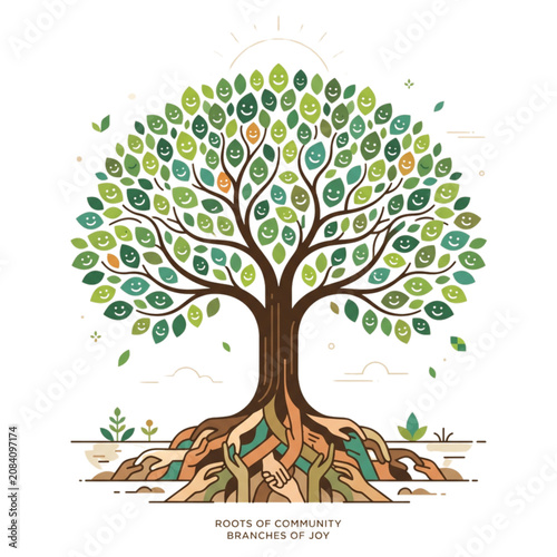 International Day of Charity. Мinimalist vector style – a single tree whose roots are helping hands and whose leaves are smiling faces  