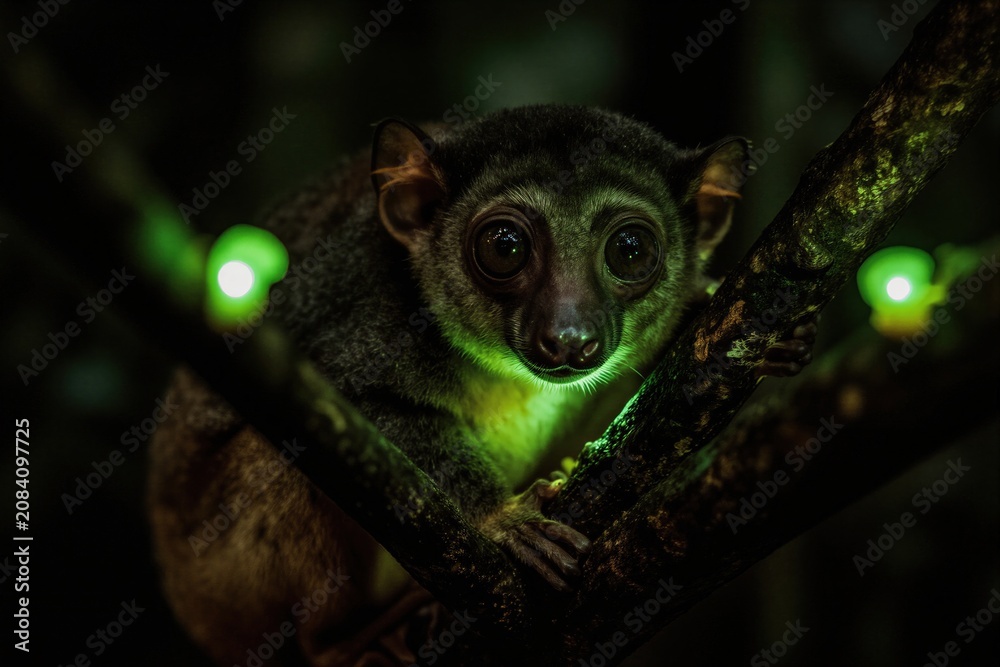 Fototapeta premium Aye-aye lemur perched on tree branch in dark jungle. Nocturnal primate with huge eyes glows green. Madagascar wildlife conservation. Rare wild creature.
