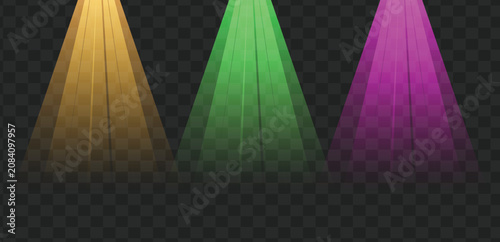 Foto Three colorful spotlights shining brightly on a dark background with vibrant beams