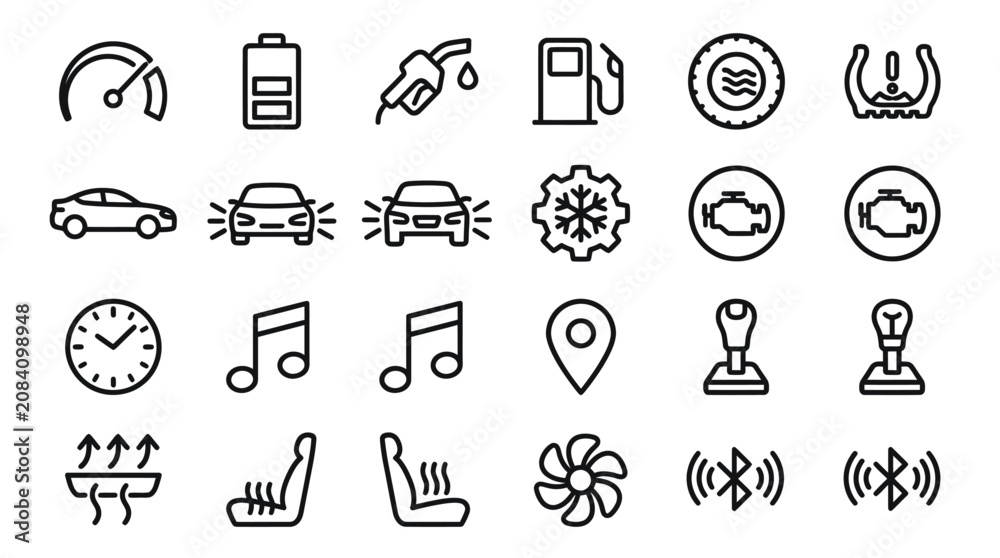 Fototapeta premium Minimal Car Dashboard and Driving Line Icon Set