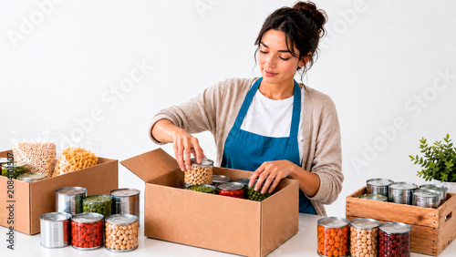 Young woman volunteer packing canned food into cardboard boxes. Female charity worker sorting donations for a food bank
