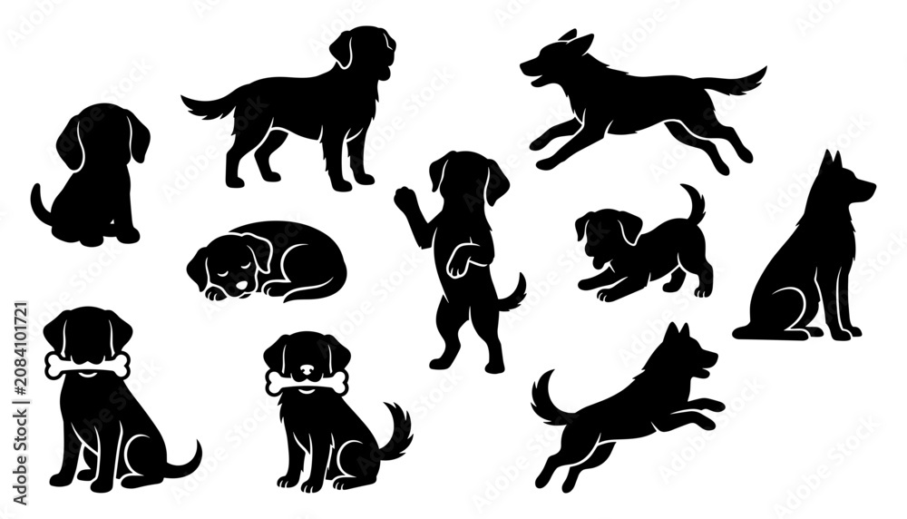 Fototapeta premium Dog Silhouettes Set with Various Breeds and Poses in Simple Black Vector Style for Icons and Decor Featuring Silhouette, Breed