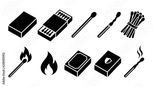 Schilderij op canvas Matches and Flame Icons Set with Extinguish Brush, Booklet and Tool Symbols in C