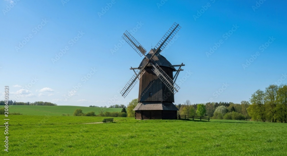 Naklejka premium A tall, wooden windmill stands in a vibrant green field under a clear blue sky