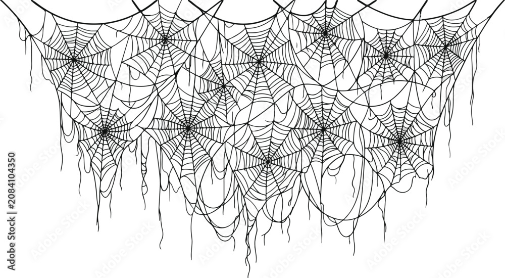 Fototapeta premium Seamless Black and White Spider Web Border Vector, Spooky Halloween Spiderweb Outline Illustration Isolated on White Background