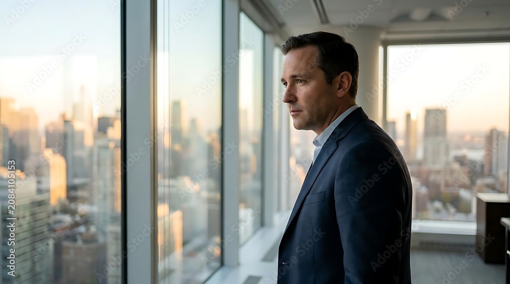Fototapeta premium Businessman looking through window at city skyline during sunset.