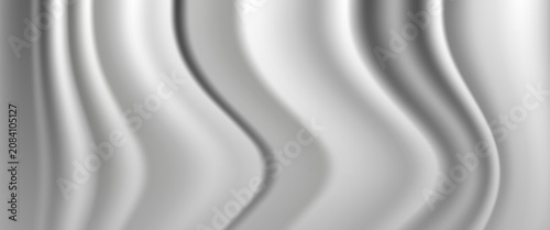 Silver soft silk wave texture abstract background. 3d satin fabric pattern. Luxury curtain liquid smooth cloth backdrop. Fashion rippled and drapery textile banner design. Gray fold surface decoration