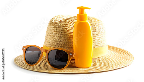 Straw sun hat with sunglasses and sunscreen bottle, summer beach vacation essentials on a white background