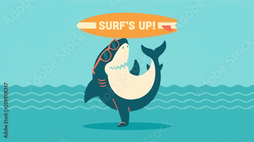 Photography Stylized Flat Vector Illustration of a Shark Wearing Sunglasses Balancing a Surf