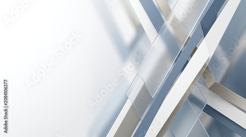 Abstract geometric composition features translucent glass panels and steel beams intersecting on a bright, minimalist background Status Quo
