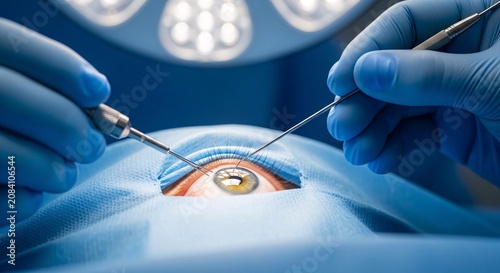 Close-up of a surgeon performing eye surgery with precision instruments in a sterile operating room environment for medical treatment and healthcare services