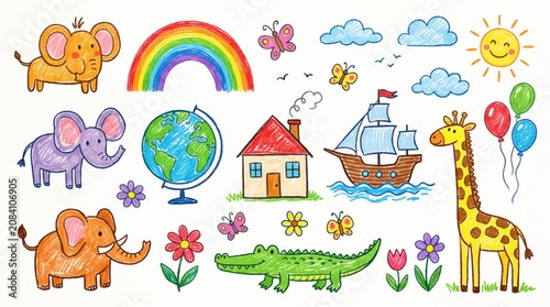 Hand-drawn kids crayon drawing elements collection, cute animals, rainbow, and educational doodles for children