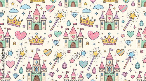 Colorful princess theme seamless pattern with castles and magic wands