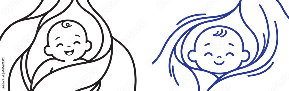 Obraz premium Vector line art illustration of a smiling newborn baby wrapped in swaddling blankets for maternity logo and childcare icon design