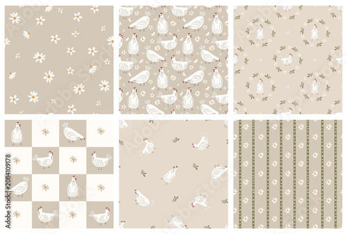 Scandi cottagecore chicken seamless pattern bundle, farmhouse hens and daisies vector background collection