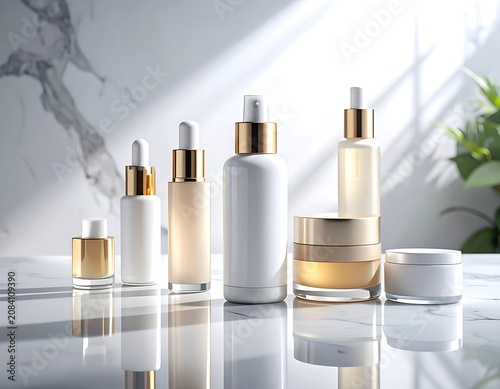Elegant skincare bottles on marble, soft light