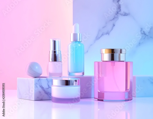Elegant skincare bottles on marble blocks