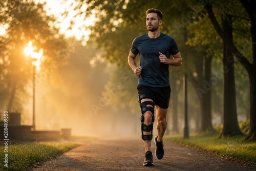 Adaptive Runner with Leg Brace Jogging Through Misty Park at Dawn