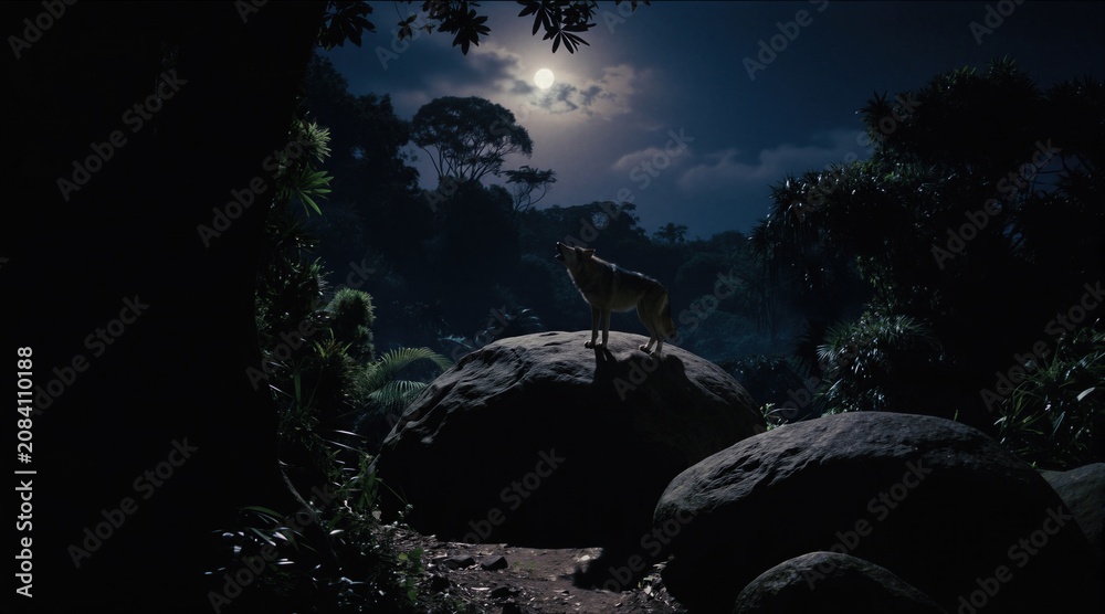 Fototapeta premium Wolf howls at moon on large rock in dense jungle at night. Dark forest scene with full moon in sky. Wild animal calls out in dark wilderness. Lunar glow on rich vegetation.