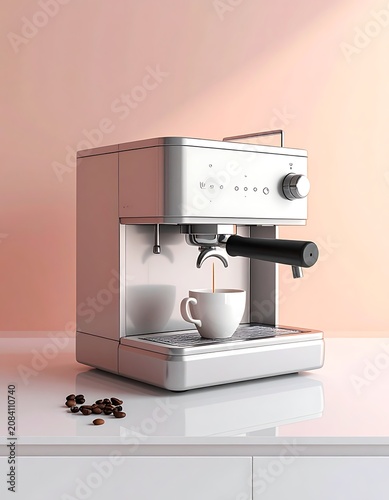 White espresso machine brewing coffee into cup