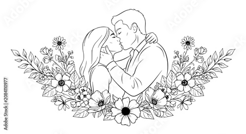 Tableau sur toile Romantic Couple Kissing Amidst Floral Garland - Line Art Illustration