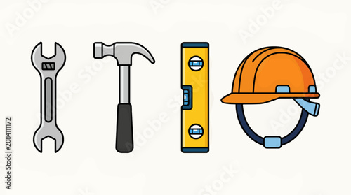 Flat Vector Illustration Set of Construction Tools: Adjustable Wrench, Hammer, Spirit Level, and Orange Hard Hat on White Background, Graphic Resource Elements