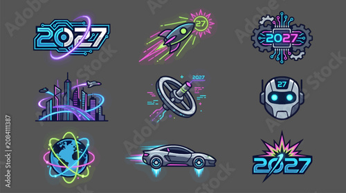 Futuristic 2027 New Year Graphic Icon Set, Featuring Technology, Space, and Transportation Themes in Neon Colors