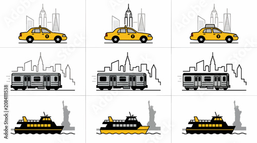 Tableau sur toile New York City Transportation Icons: Yellow Taxi, Subway Train, and Ferry with Sk