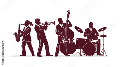 Canvas Print Jazz band silhouette illustration with musicians playing saxophone, trumpet, double bass, and drums