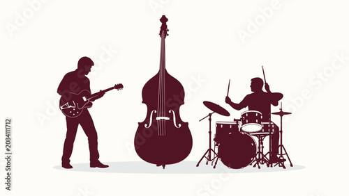 Quadro su tela Silhouette illustration of a music trio with guitarist, double bass, and drummer
