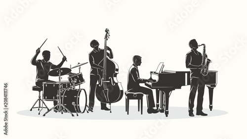 Photography Jazz band silhouette illustration with musicians playing saxophone, grand piano, double bass, and drums