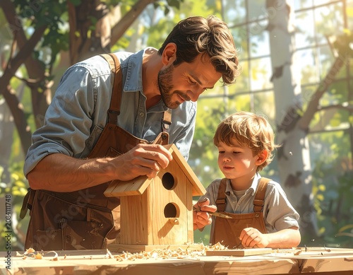 A kind father & young son work together on a wooden birdhouse outdoors under sunlight. They are focused & happy