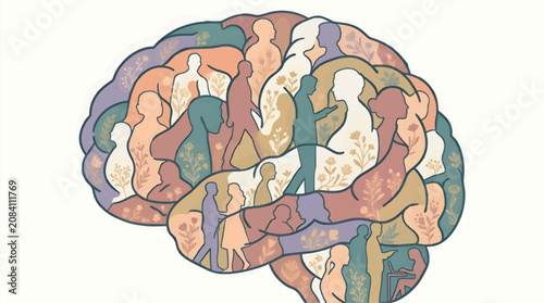 Stylized Flat Vector Illustration of a Human Brain Shape Filled with Silhouettes of People and Floral Elements, Representing Collective Consciousness and Growth, Soft Pastel Color Palette