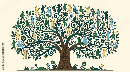 Stylized Flat Vector Illustration of a Tree of Life with Diverse People as Leaves and Branches, Green and Yellow Figures Engaged in Activities on a Cream Background, Graphic Resource with Copy Space