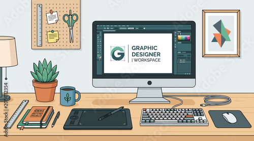 Graphic designer workspace with computer.
