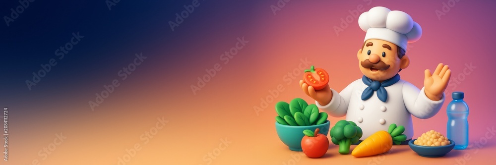 Fototapeta premium Cartoon chef character with healthy vegetables and blank copyspace on colorful gradient background for food design or advertising template. Ai generative