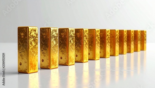 A line of gold bars neatly arranged in a row, reflecting light and exuding wealth