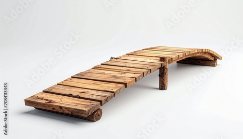 A wooden garden bridge curving over an unseen space, constructed from aged planks and supporting posts