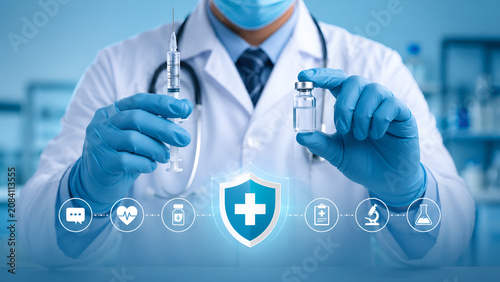 Professional doctor holding a syringe and medicine vial with digital healthcare icons for medical protection and research concepts.