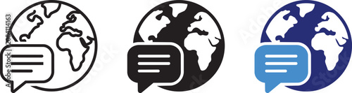 Global communication and language translation icon set with globe and speech bubble elements