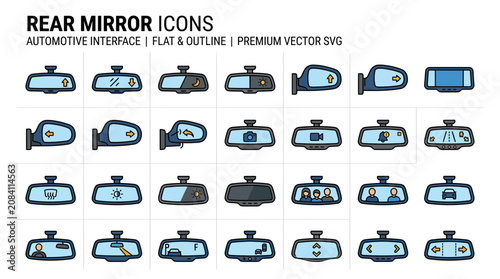 Foto Car Rear View Mirror Icons Set: Flat and Outline Vector Graphics