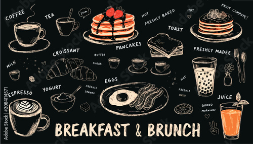 Chalkboard Style Breakfast and Cafe Menu Illustration Set