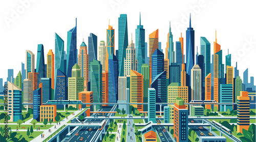 Vibrant Colorful Illustration of a Modern Metropolis Cityscape.
