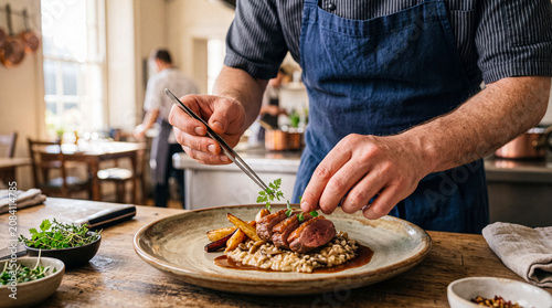 Foto Skilled male chef carefully garnishing a gourmet duck breast dish with fresh herbs using tweezers in a fine dining
