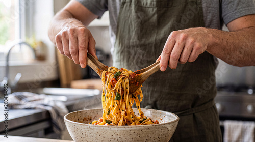 Foto Home chef in a green apron serving steaming fettuccine pasta with rich sauce and fresh basil using wooden tongs