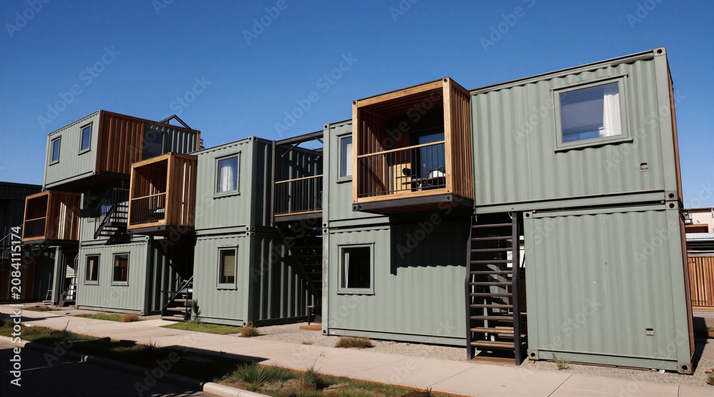 Fototapeta premium Modern apartment units built from repurposed shipping containers. Stacked modules feature wood balconies and external metal stairways. Sustainable urban living design with minimalist exterior.