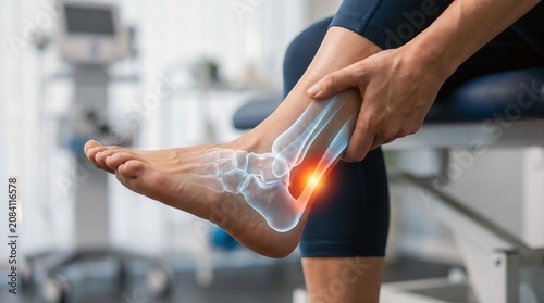 Woman Suffering From Achilles Tendon Pain With Ankle Anatomy Overlay