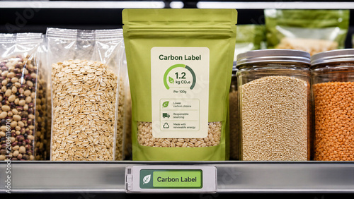 Display of carbon label products on a grocery store shelf showing different grains and packaging focused on sustainability and carbon footprint reduction