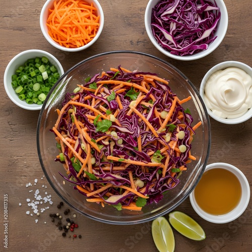 A fresh red cabbage and carrot slaw mixed in a clear glass bowl. Surrounded by small ceramic bowls of shredded ingredients, chopped green onions, creamy dressing, apple cider vinegar, and lime wedges.