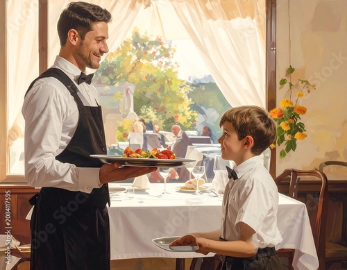 A kind server smiles, offering a tray of food to a boy in the restaurant. Outside, guests enjoy the view